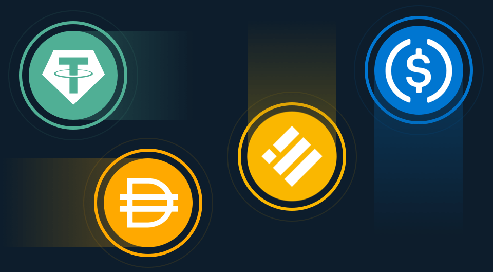series of cryptocurrencies in exchange: DAI, USDT, USDC, and BUSD