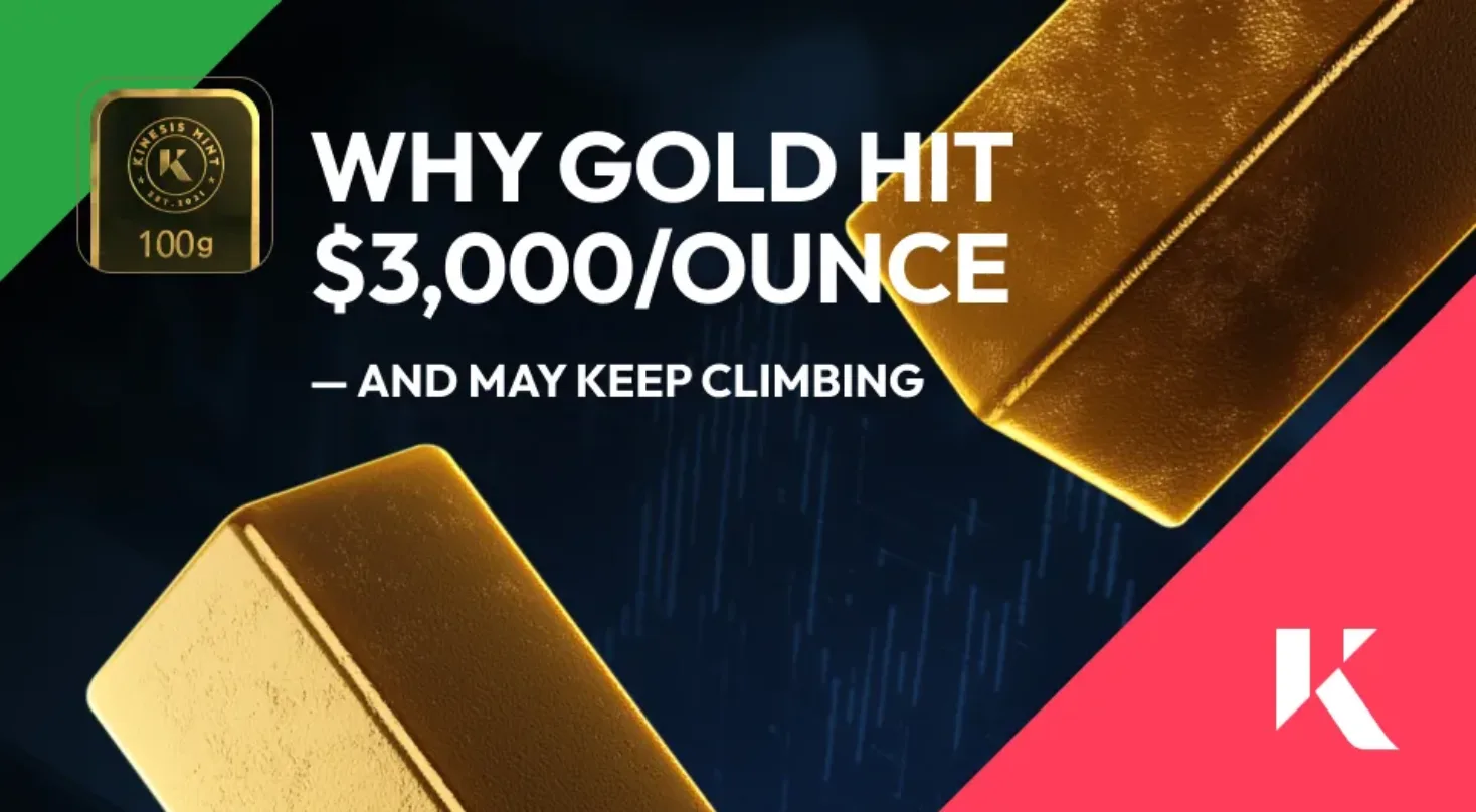 News headline with Kinesis gold bullion bar.