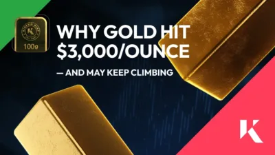 News headline with Kinesis gold bullion bar.