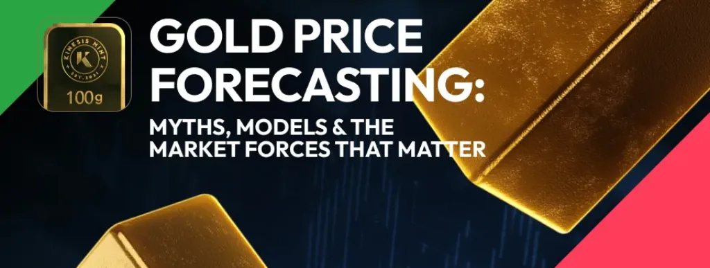 Gold price forecasting headline in front of gold bullion bars