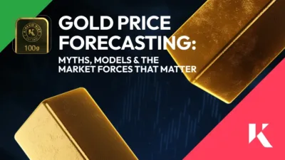 Gold price forecasting headline in front of gold bullion bars