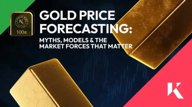 Gold price forecasting headline in front of gold bullion bars