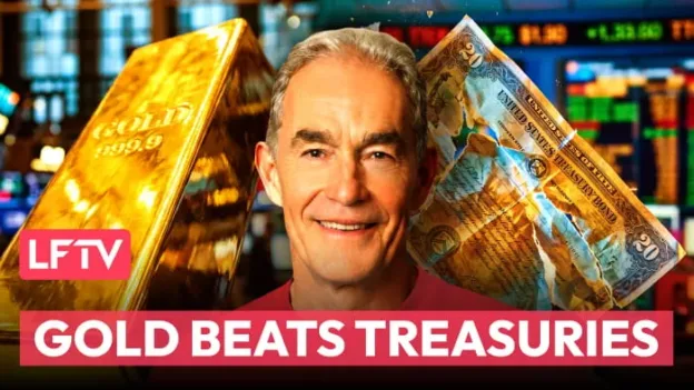 Andrew Maguire on background of gold bullion and US treasury bonds.